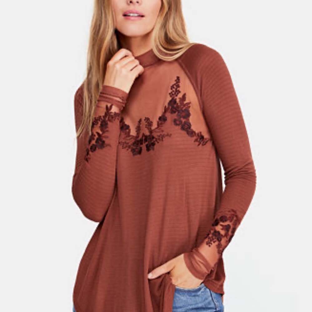 Free People Rust Embroidered Long-Sleeve Peasant Blouse
